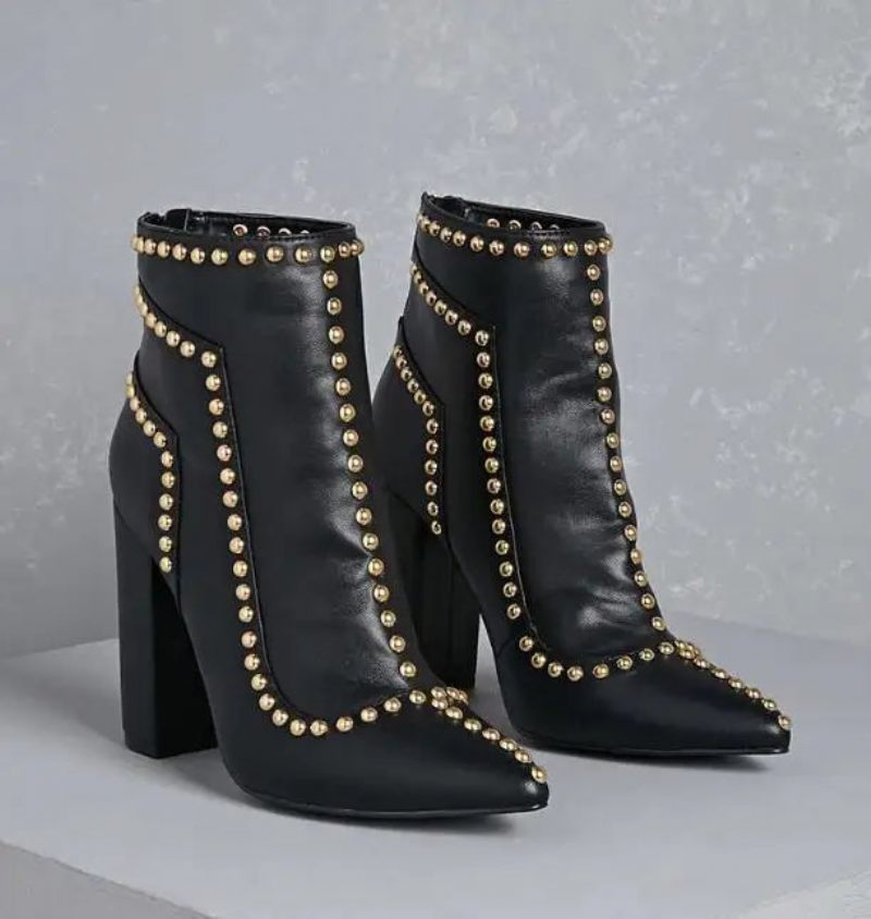 Golden Line Nitar Dubbar Denim Ankelboots Med Spetsad Tå Dam Chunky Heel Boots Dragkedja Baktill - Blå