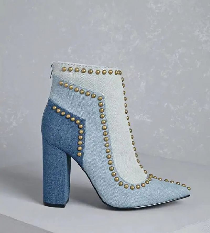 Golden Line Nitar Dubbar Denim Ankelboots Med Spetsad Tå Dam Chunky Heel Boots Dragkedja Baktill - Blå