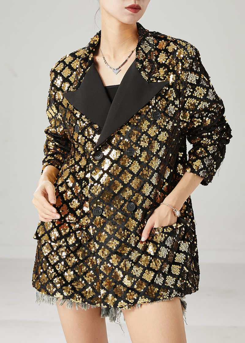 Golden Paljetter Coat Oversized Double Breast Spring - Vinterkappor för kvinnor