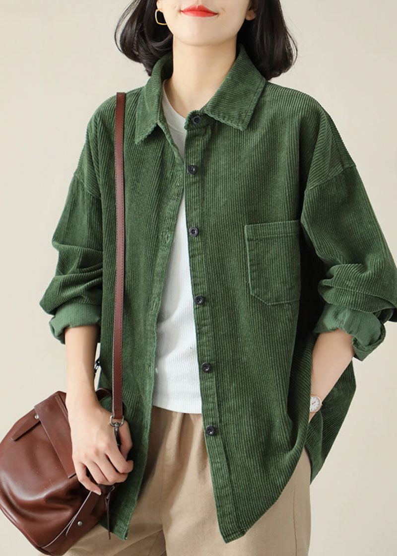 Gör-det-själv Grön Turn-down Krage Oversized Pocket Corduroy Blus Top Spring