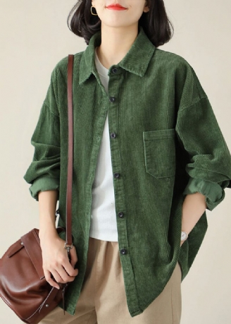 Gör-det-själv Grön Turn-down Krage Oversized Pocket Corduroy Blus Top Spring