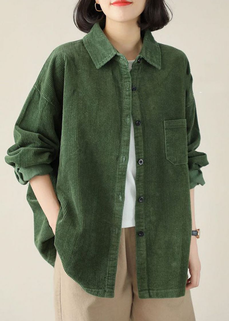 Gör-det-själv Grön Turn-down Krage Oversized Pocket Corduroy Blus Top Spring - Vinterkappor för kvinnor