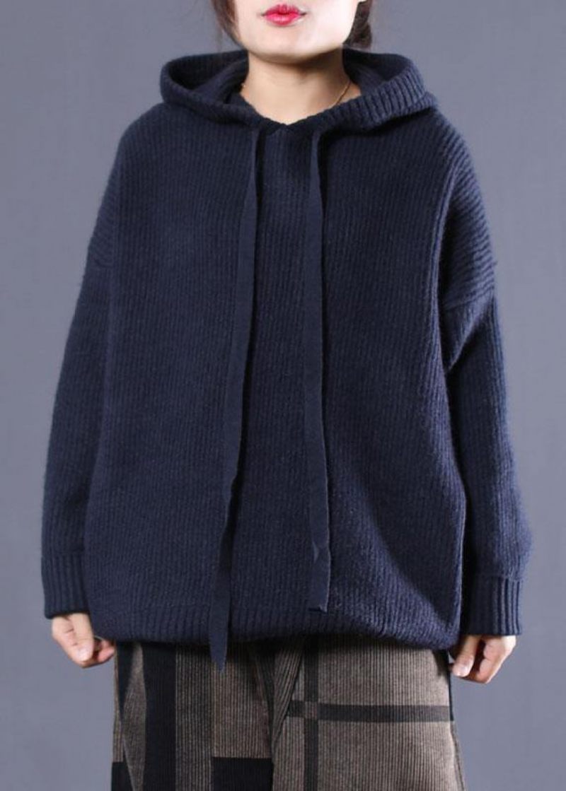 Gör-det-själv Navy Hooded Loose Fall Stickad Topp