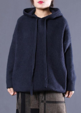 Gör-det-själv Navy Hooded Loose Fall Stickad Topp