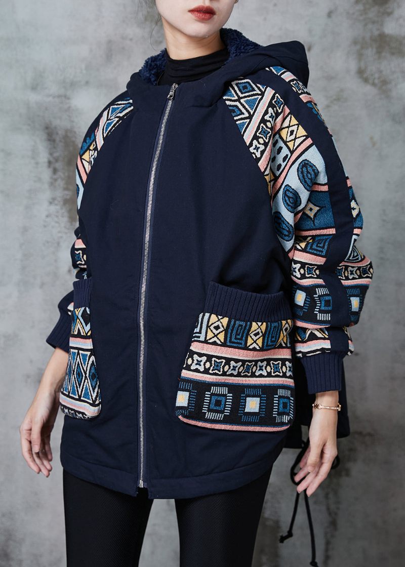 Gör-det-själv Navy Oversized Print Fine Bomullsfyllda Jackor Vinter - Vinterkappor för kvinnor