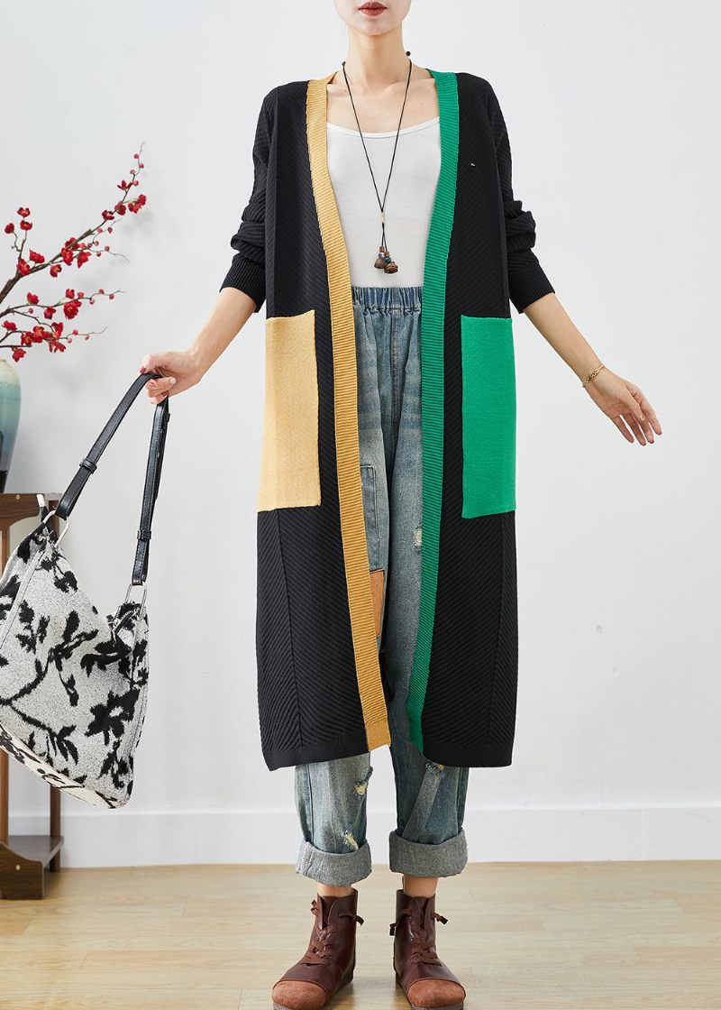 Gör-det-själv Svarta Asymmetriska Patchwork-fickor Stickad Cardigan Fall - Koftor för kvinnor