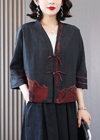 Gör-det-själv Svarta Broderade Tasseled Patchwork Silk Coats Spring