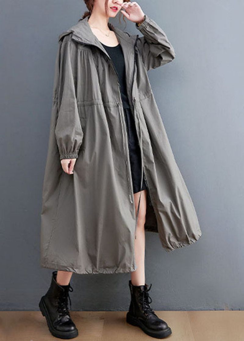 Grå Oversized Cotton Trench Coat Hooded Dragstring Spring