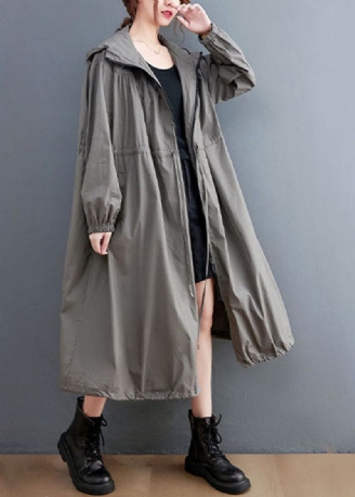 Grå Oversized Cotton Trench Coat Hooded Dragstring Spring