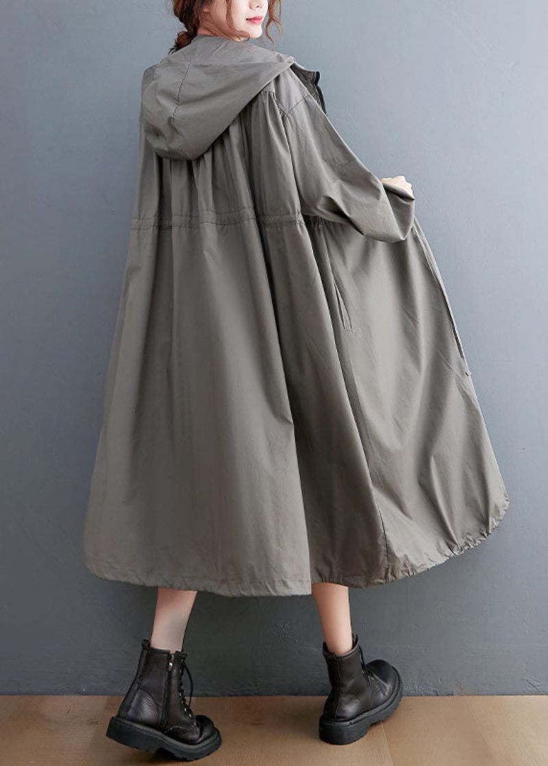 Grå Oversized Cotton Trench Coat Hooded Dragstring Spring - Trenchcoats för kvinnor