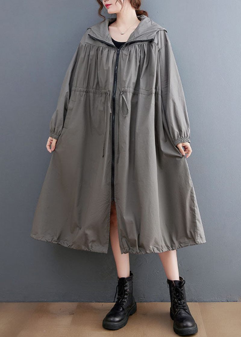 Grå Oversized Cotton Trench Coat Hooded Dragstring Spring - Trenchcoats för kvinnor