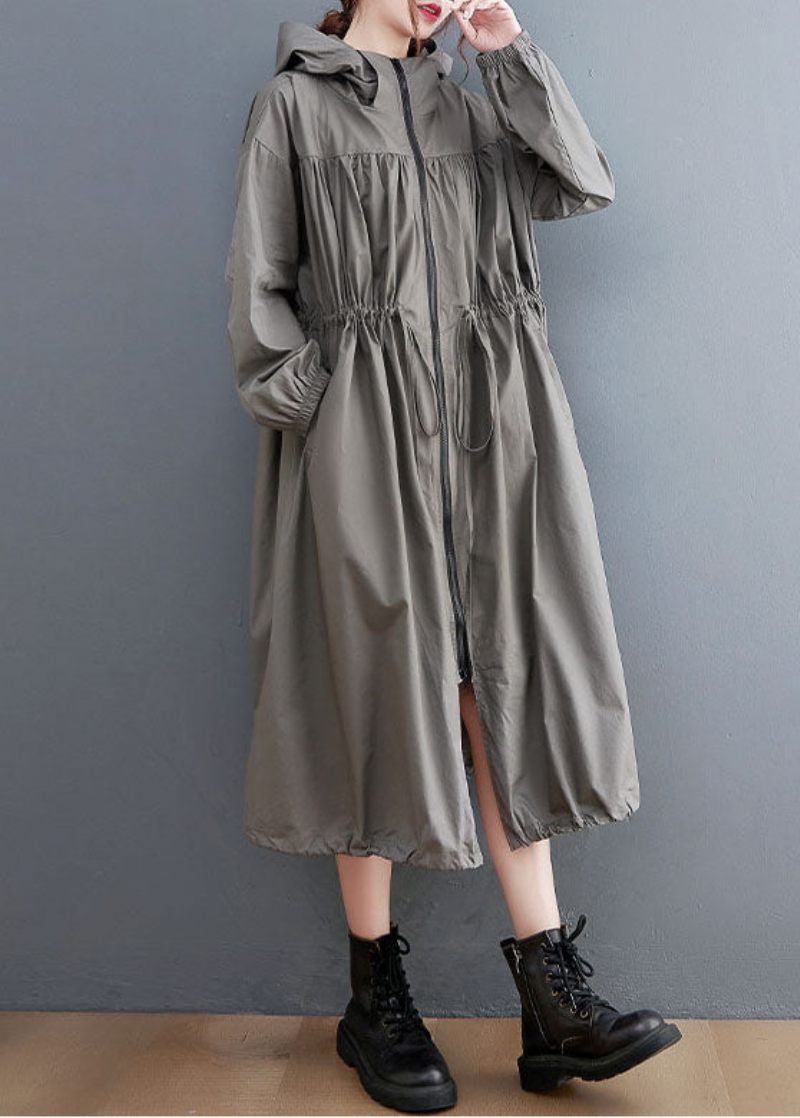 Grå Oversized Cotton Trench Coat Hooded Dragstring Spring - Trenchcoats för kvinnor