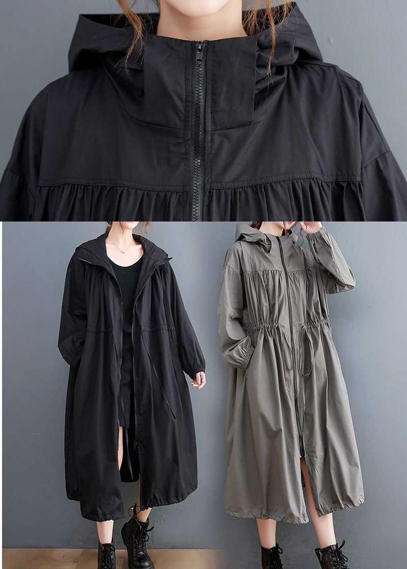 Grå Oversized Cotton Trench Coat Hooded Dragstring Spring - Trenchcoats för kvinnor