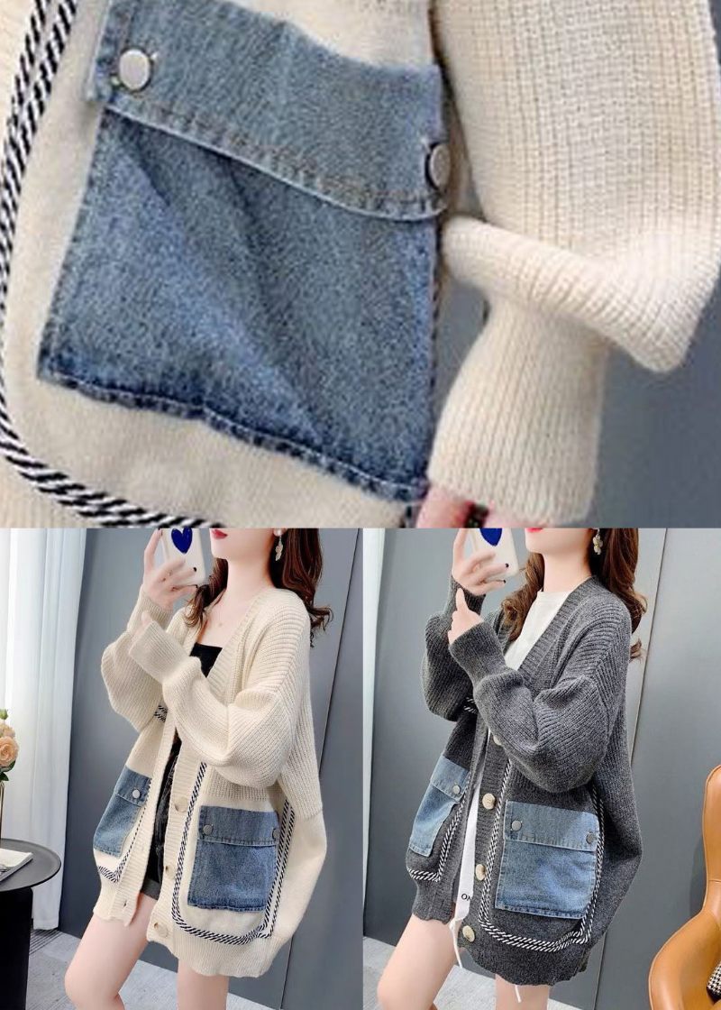 Grå Patchwork Denim Stickad Lösa Cardigans V-ringad Fickor Vinter - Koftor för kvinnor