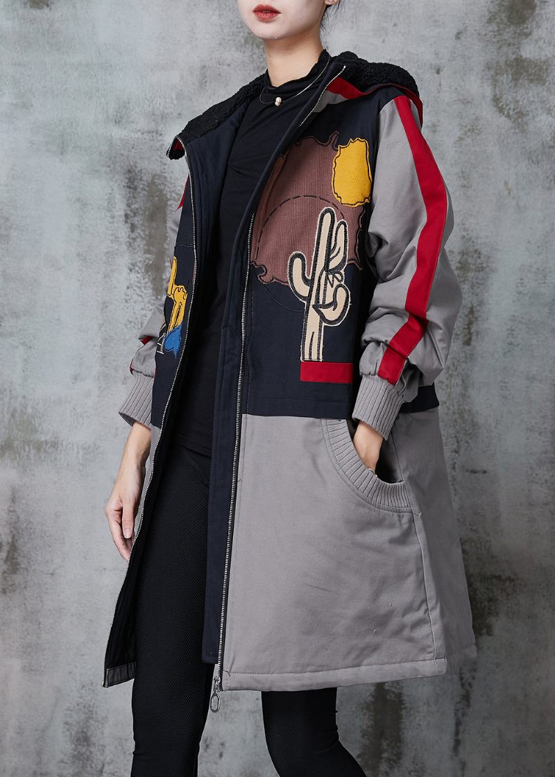 Grå Patchwork Fin Bomullsfylld Witner Trenchcoats Hooded Print Winter