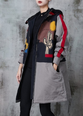 Grå Patchwork Fin Bomullsfylld Witner Trenchcoats Hooded Print Winter