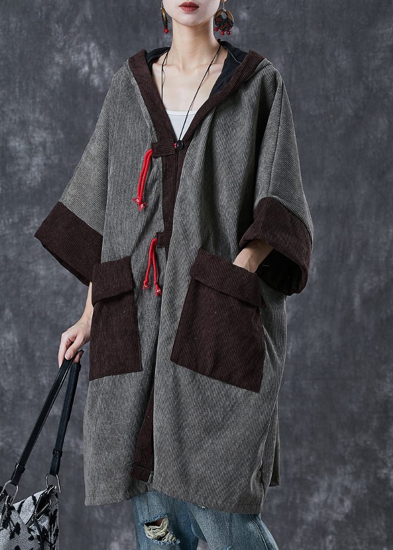 Grå Patchwork Varm Fleece Manchester Trench Hooded Pockets Spring - Trenchcoats för kvinnor