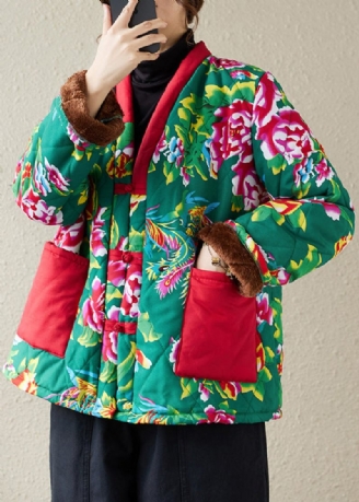 Grön Knapp Patchwork Varm Fleece Parka V-hals Lång Ärm