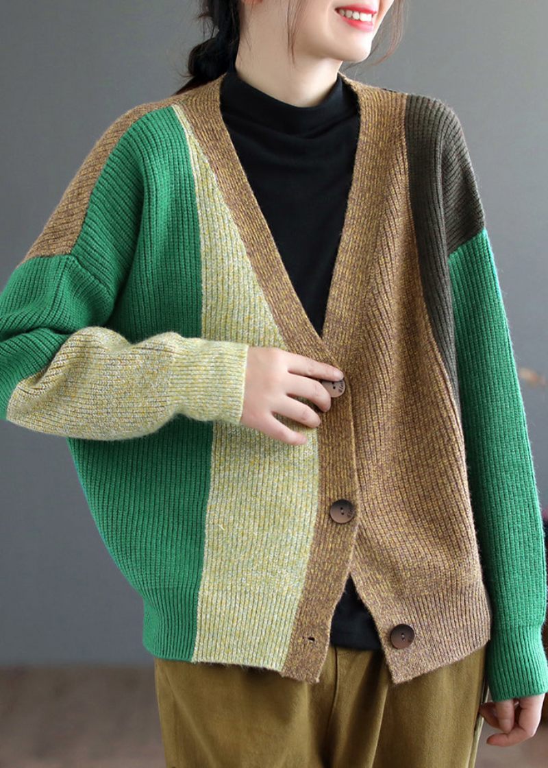 Grön Patchwork Stickning Cardigan Topp V-ringad Långärmad - Koftor för kvinnor