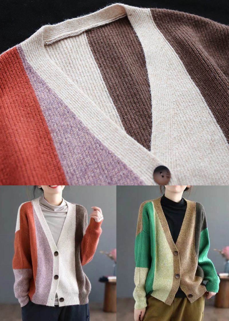 Grön Patchwork Stickning Cardigan Topp V-ringad Långärmad - Koftor för kvinnor