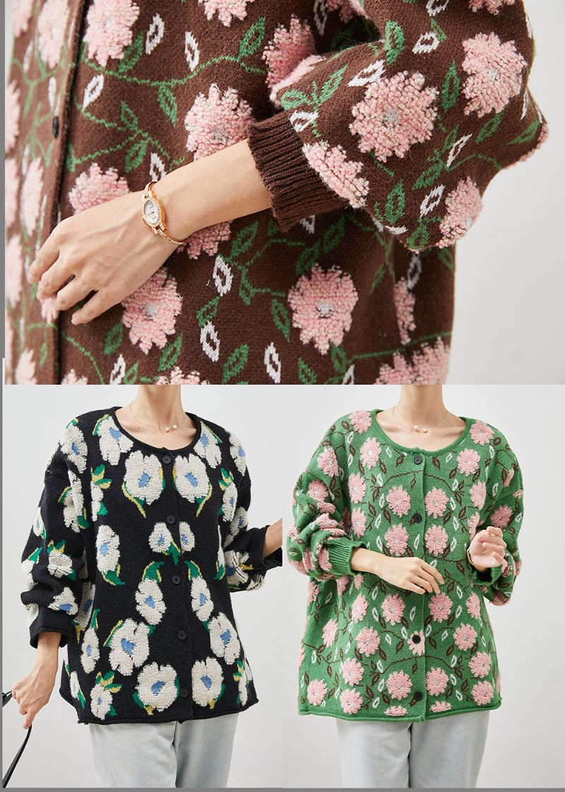 Gröna Blommiga Jacquard Mysiga Stickade Koftor Oversized Vinter - Koftor för kvinnor