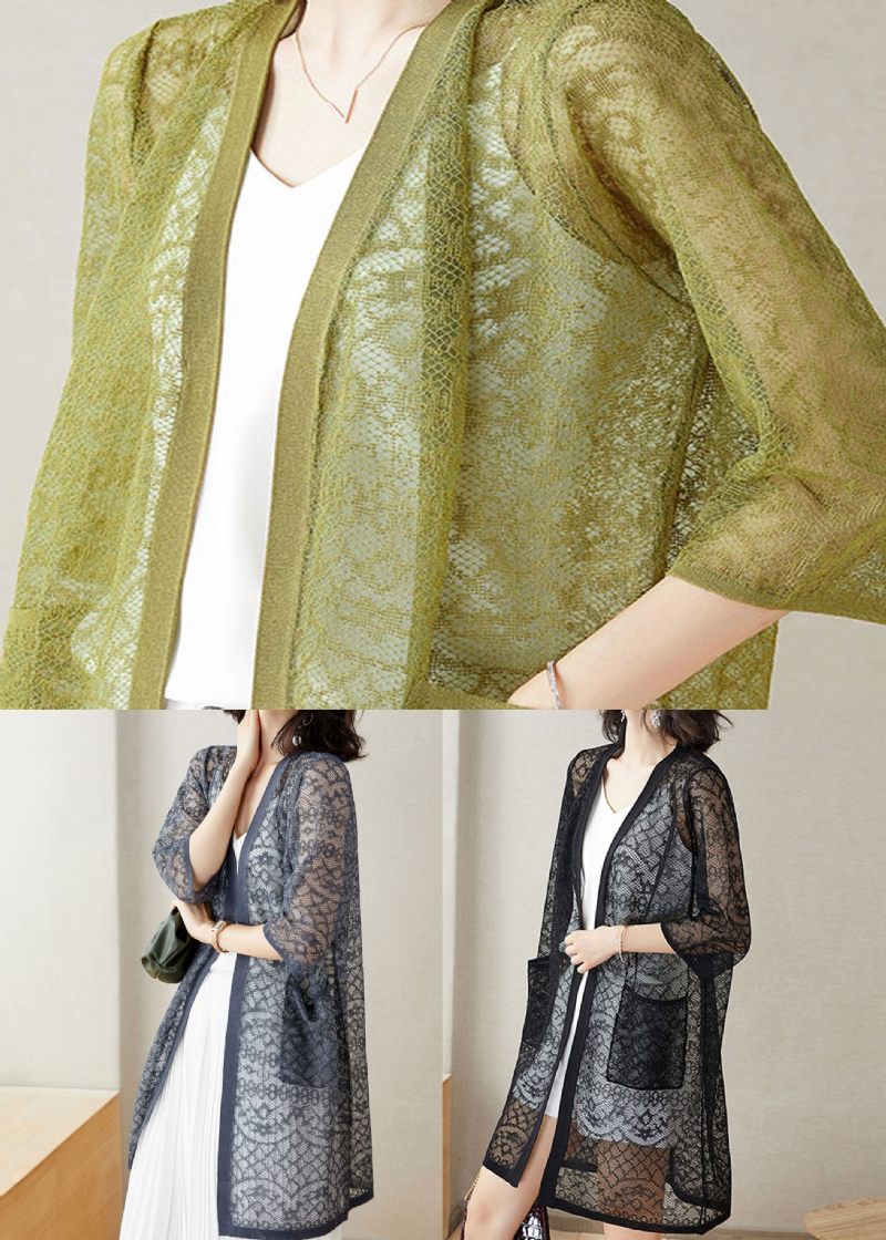 Gröna Fickor Patchwork Lace Cardigan V-hals Hollow Out Sommar - Koftor för kvinnor