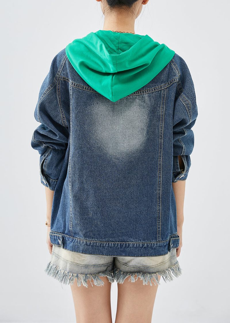 Gröna Patchwork Denimrockar Hooded Pockets Fall - Vinterkappor för kvinnor