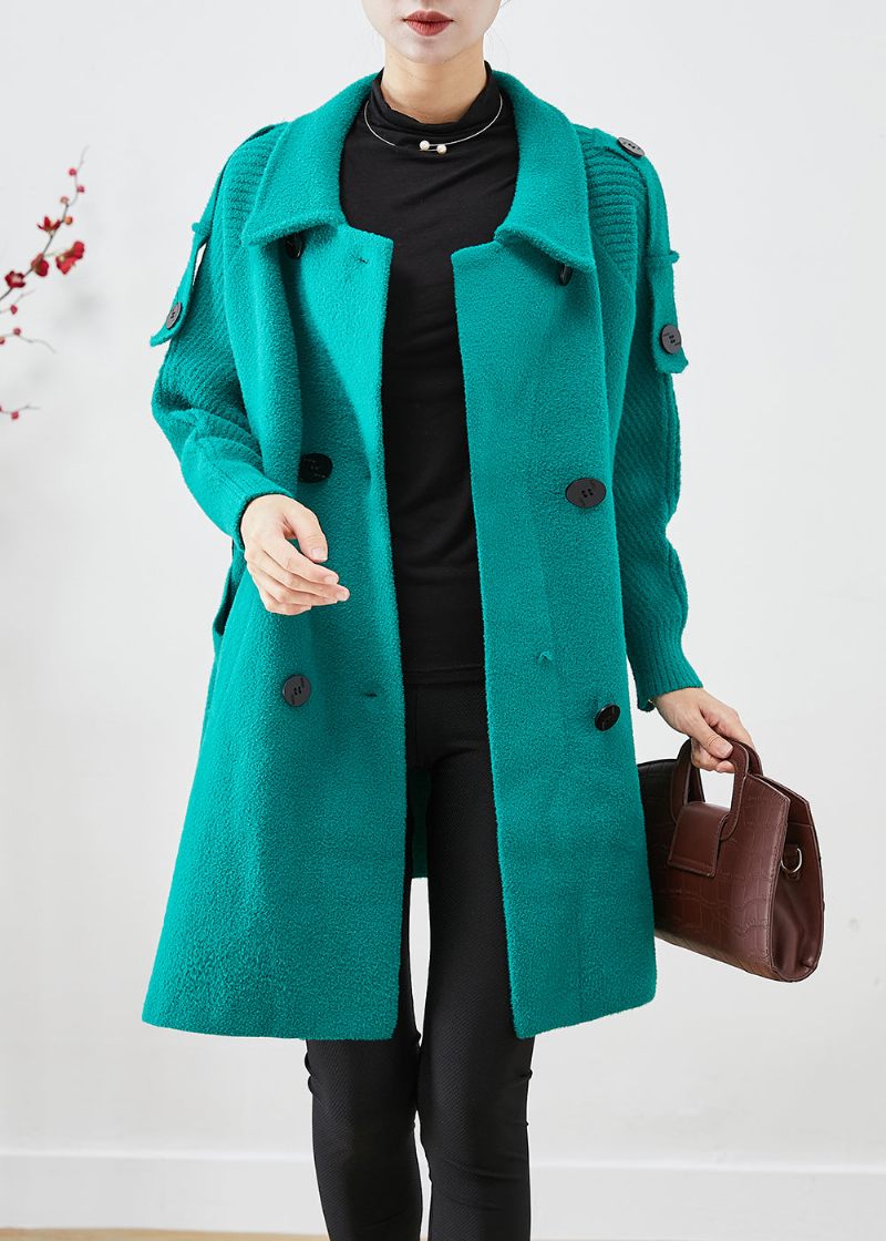 Grönt Patchwork Woolen Trench Oversized Double Breast Fall - Trenchcoats för kvinnor