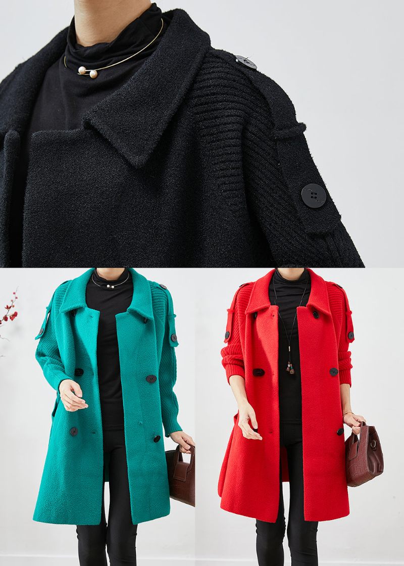 Grönt Patchwork Woolen Trench Oversized Double Breast Fall - Trenchcoats för kvinnor