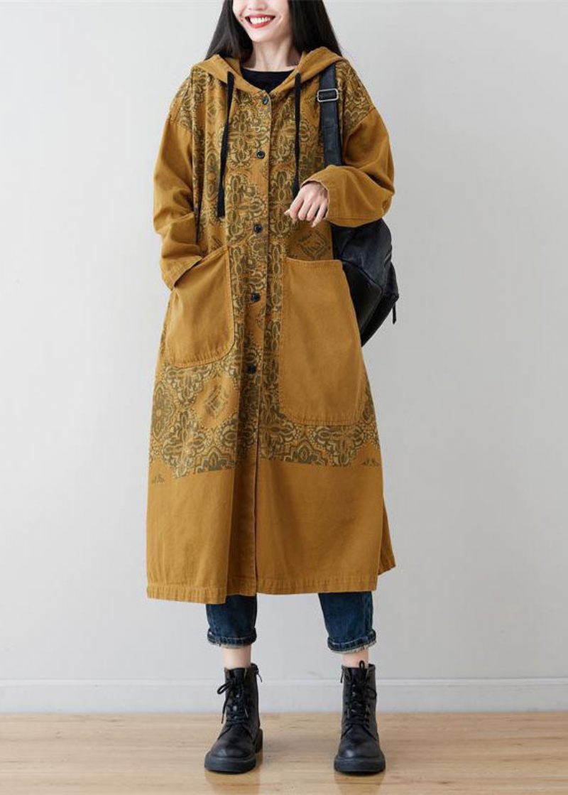 Gula Fickor Patchwork Print Denim Hooded Long Coat Spring