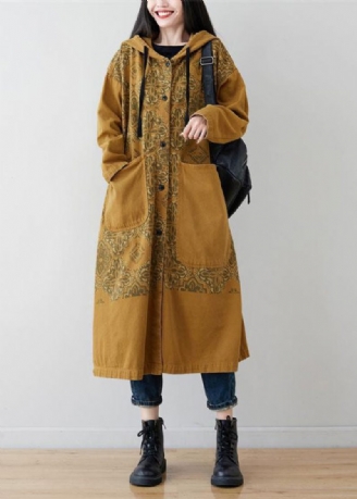 Gula Fickor Patchwork Print Denim Hooded Long Coat Spring