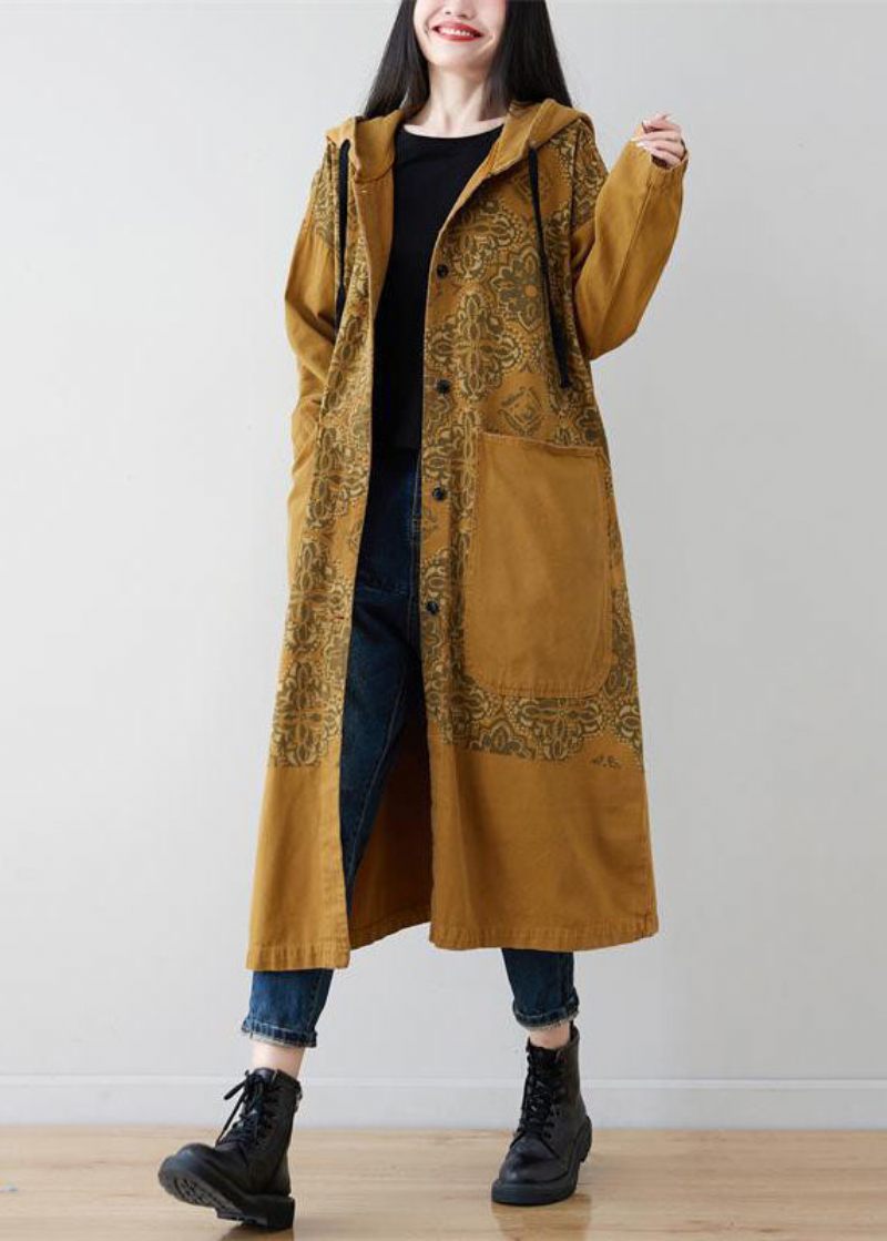 Gula Fickor Patchwork Print Denim Hooded Long Coat Spring - Vinterkappor för kvinnor