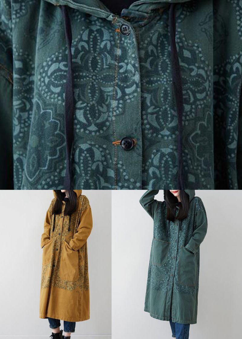 Gula Fickor Patchwork Print Denim Hooded Long Coat Spring - Vinterkappor för kvinnor