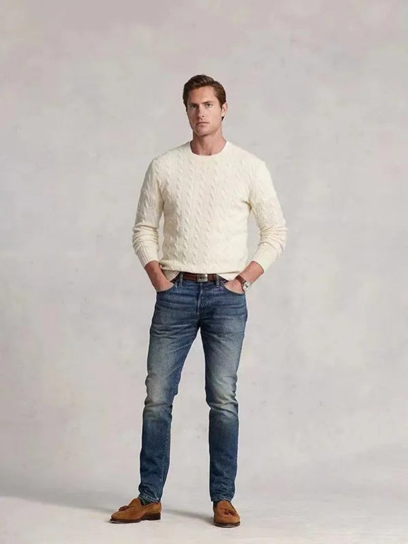 Hästtröja För Män Solid Casual Pull Homme Herrtröja - Beige