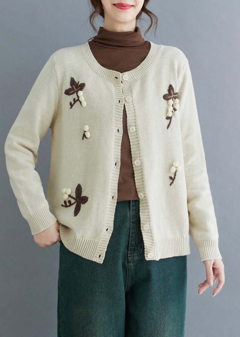 Handgjord Beige Broderad Stickad Cardigan Vinter