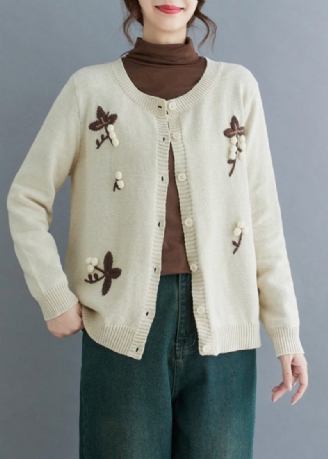 Handgjord Beige Broderad Stickad Cardigan Vinter