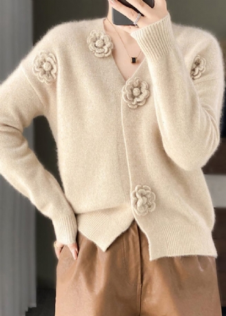 Handgjord Beige V-hals Blommig Virkad Cashmere Stickad Cardigan Spring