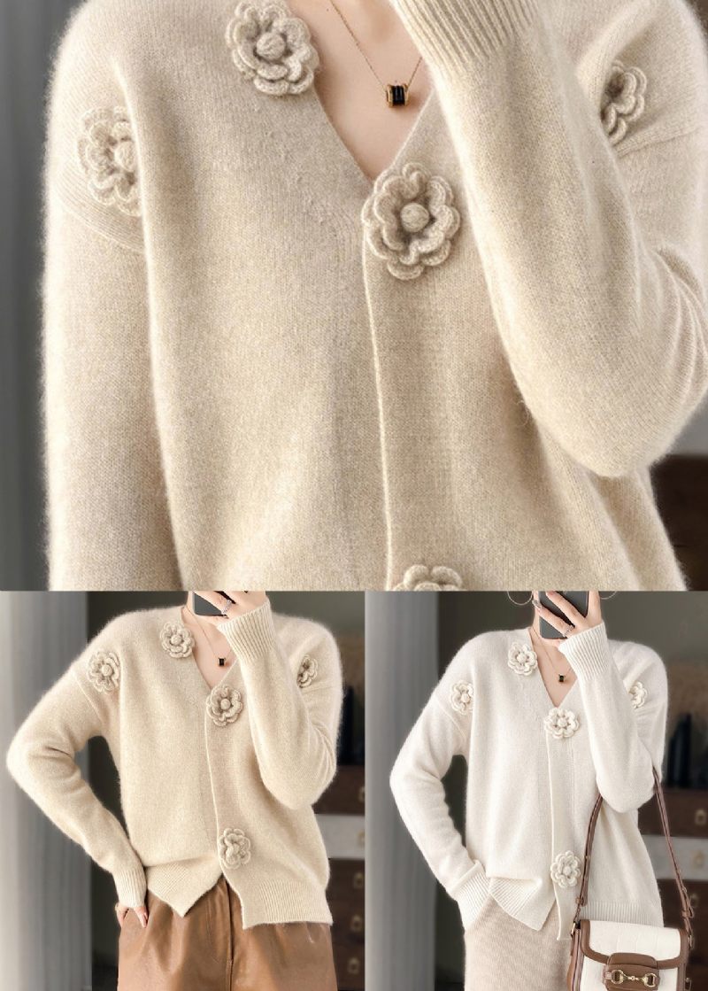 Handgjord Beige V-hals Blommig Virkad Cashmere Stickad Cardigan Spring - Koftor för kvinnor