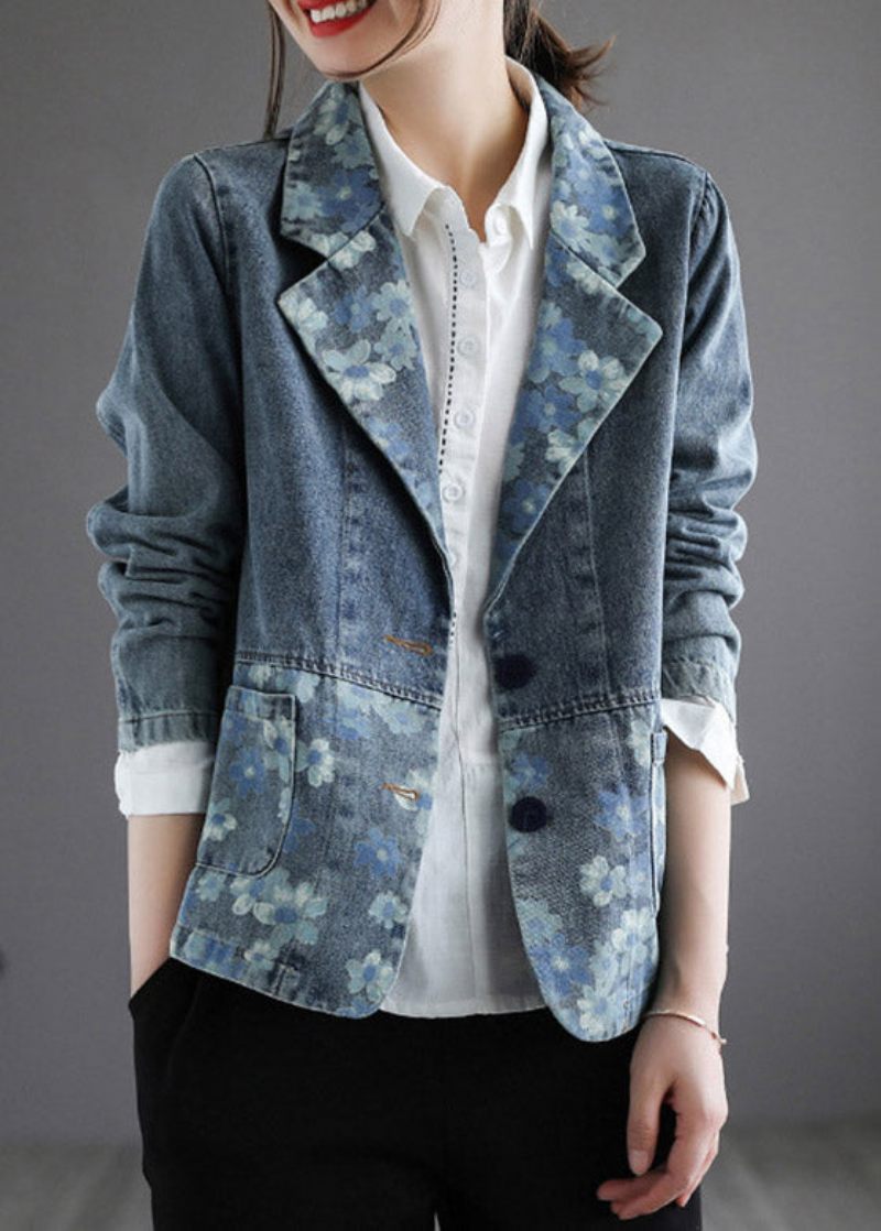 Handgjord Blå Naggad Print Button Denim Coat Spring