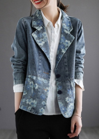 Handgjord Blå Naggad Print Button Denim Coat Spring