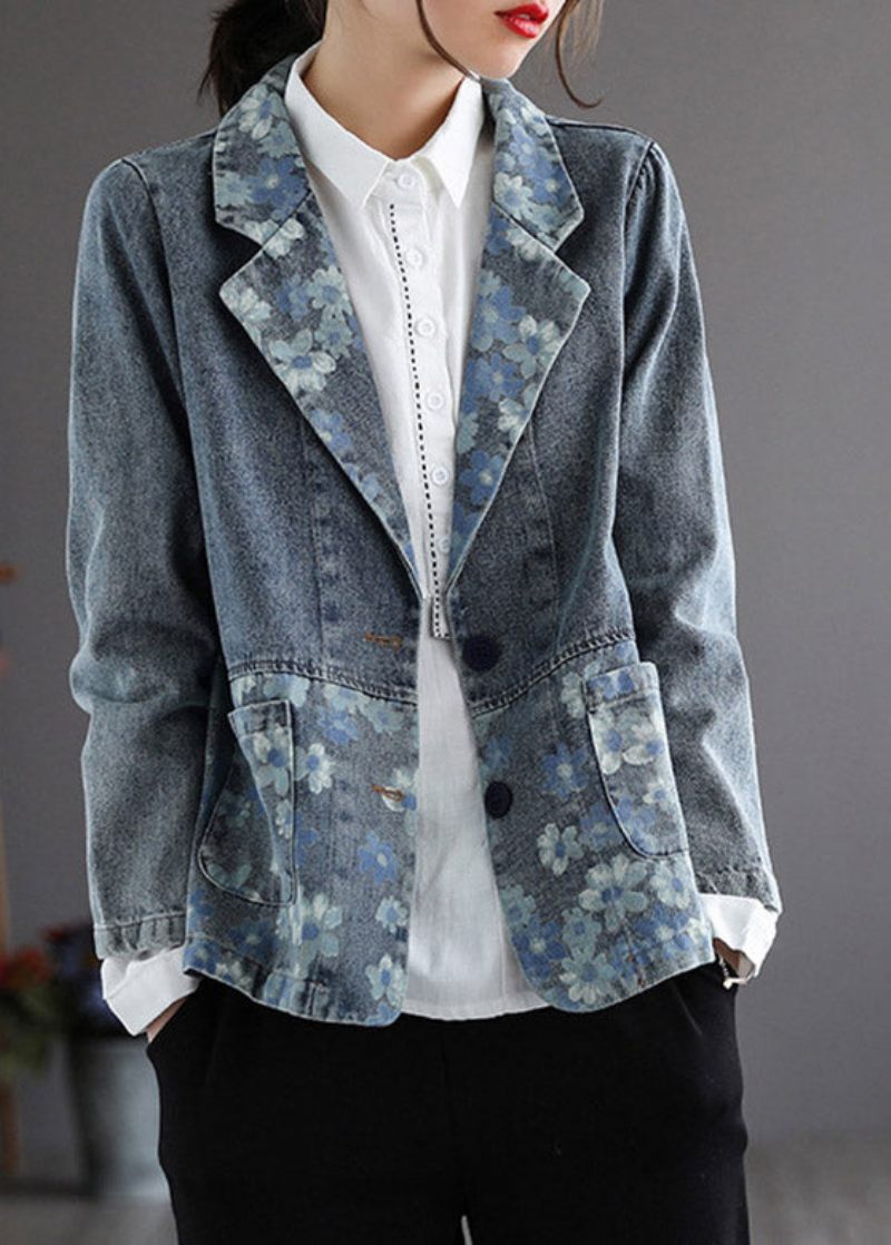 Handgjord Blå Naggad Print Button Denim Coat Spring - Blå