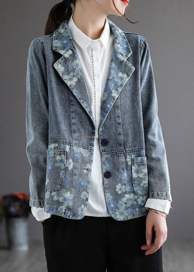 Handgjord Blå Naggad Print Button Denim Coat Spring - Blå