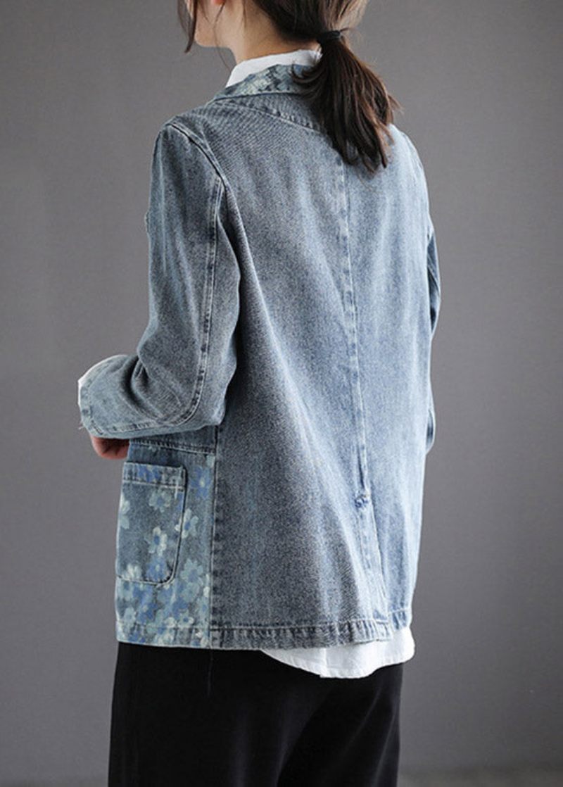 Handgjord Blå Naggad Print Button Denim Coat Spring - Blå