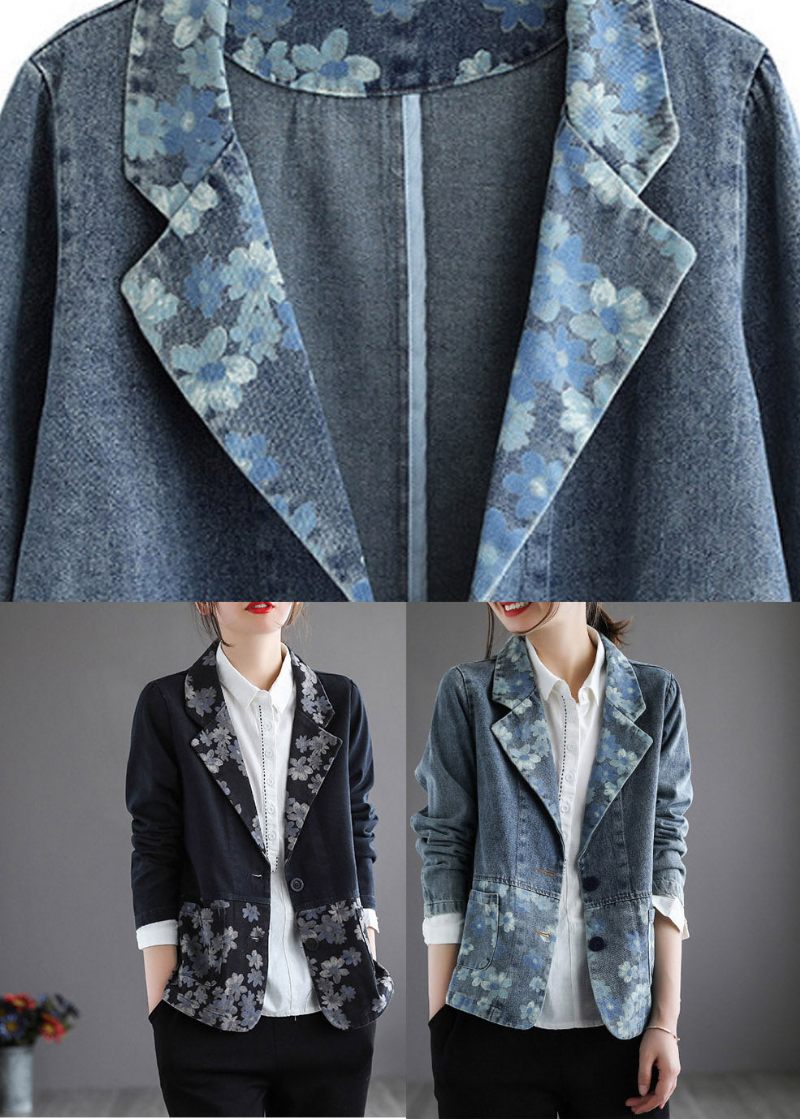 Handgjord Blå Naggad Print Button Denim Coat Spring - Blå