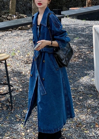 Handgjorda Blå Fickor Tie Midja Patchwork Denim Trench Fall