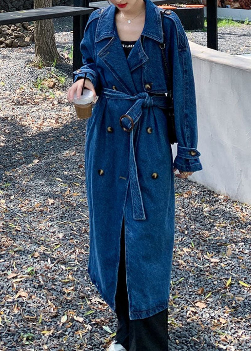 Handgjorda Blå Fickor Tie Midja Patchwork Denim Trench Fall - Trenchcoats för kvinnor