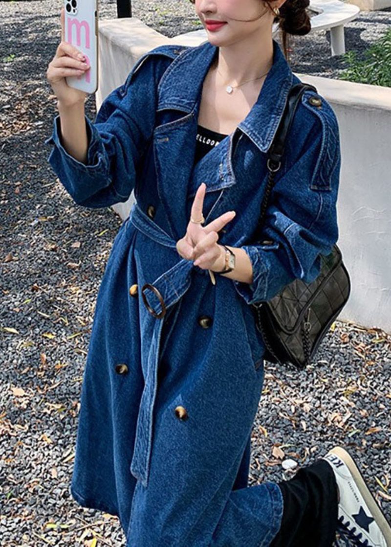 Handgjorda Blå Fickor Tie Midja Patchwork Denim Trench Fall - Trenchcoats för kvinnor