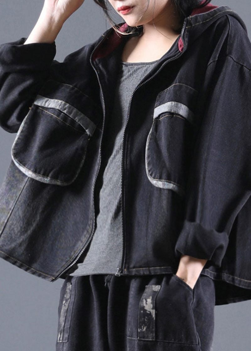 Handgjorda Black Hooded Denim Coats Spring