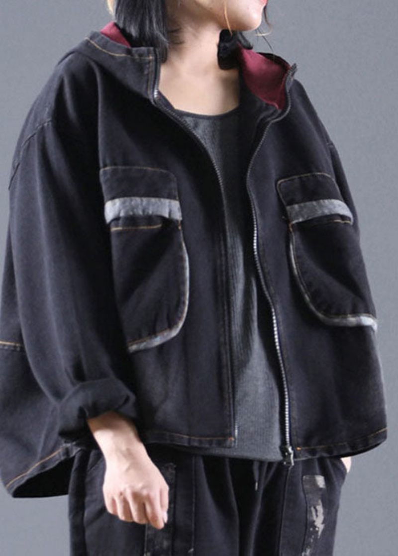 Handgjorda Black Hooded Denim Coats Spring - Svart