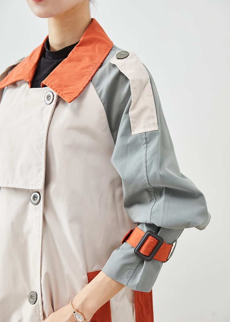 Handgjorda Colorblock Double Breast Patchwork Bomullsrockar Höst - Trenchcoats för kvinnor